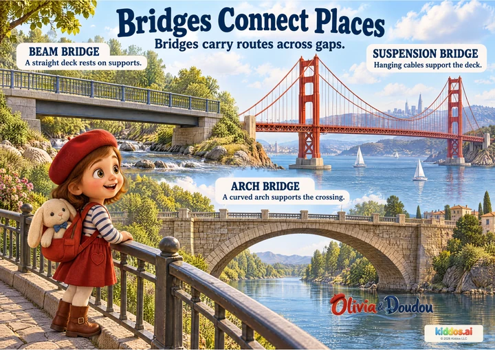 Three scenic examples show a beam bridge with support below its deck, a stone arch bridge and a red suspension bridge with hanging cables. Olivia watches from a protected promenade with Doudou in her backpack.