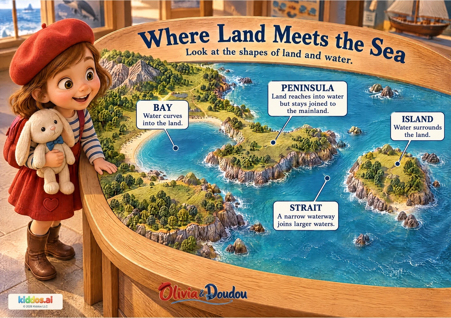 A coastal relief model shows a crescent bay, a peninsula connected to mainland, an island surrounded by water and a narrow strait between the peninsula and island. Olivia and Doudou examine it at a table.
