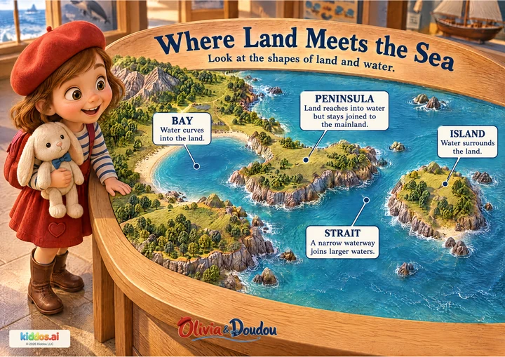 A coastal relief model shows a crescent bay, a peninsula connected to mainland, an island surrounded by water and a narrow strait between the peninsula and island. Olivia and Doudou examine it at a table.