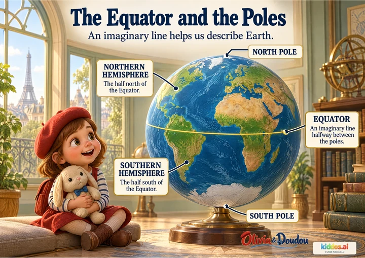 Olivia hugs her plush Doudou beside a large upright globe. Labels identify the North Pole, South Pole, Equator, Northern Hemisphere and Southern Hemisphere.