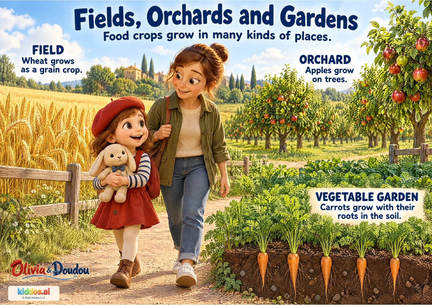 A connected farm landscape shows a wheat field, rows of apple trees and a vegetable garden. A cutaway reveals carrot roots below the soil. Olivia carries Doudou on a path near a grown-up.