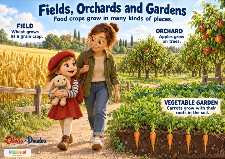 A connected farm landscape shows a wheat field, rows of apple trees and a vegetable garden. A cutaway reveals carrot roots below the soil. Olivia carries Doudou on a path near a grown-up.