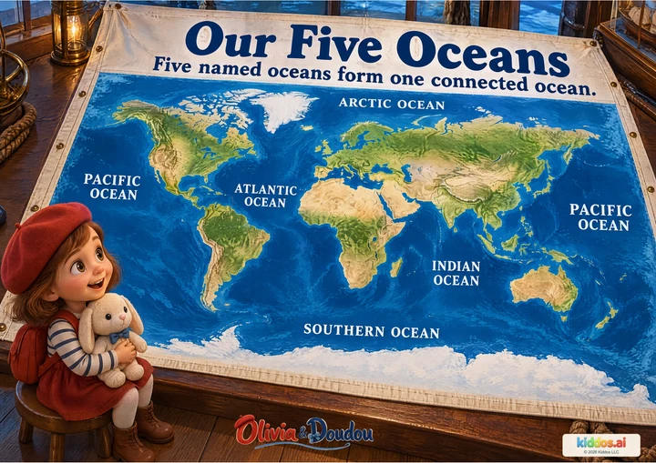 A world map names the Arctic, Atlantic, Indian, Southern and Pacific oceans. Pacific is labeled at both map edges because those edges meet on a globe. Olivia and her plush Doudou observe the chart.