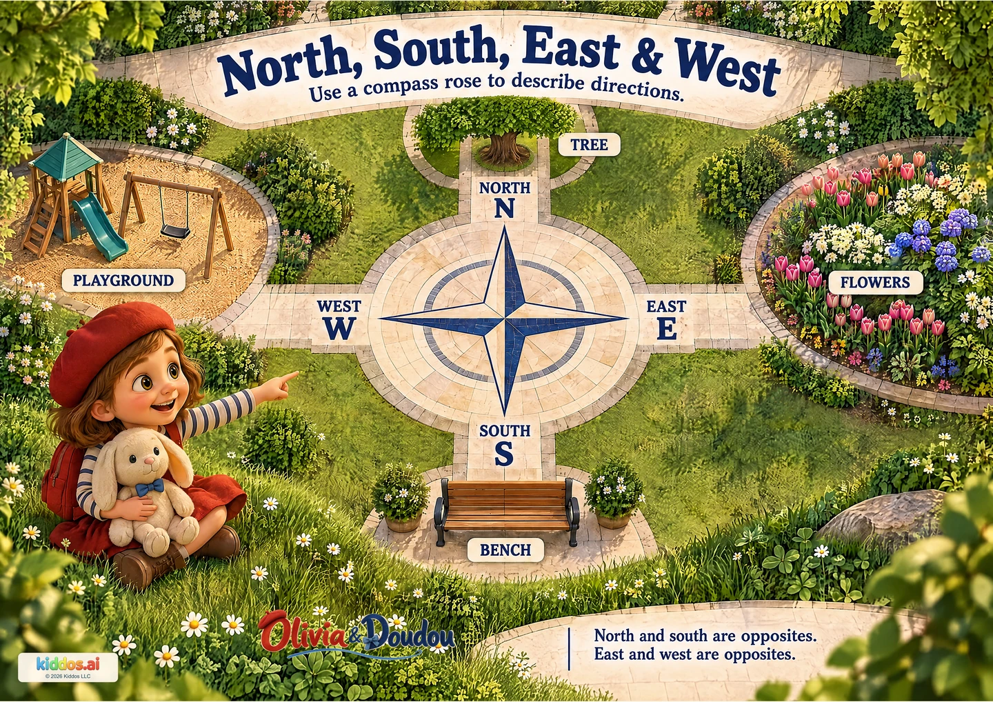 A bird’s-eye garden surrounds a four-point compass: a tree north, flowers east, a bench south and a playground west. Olivia and supported plush Doudou observe from a corner.