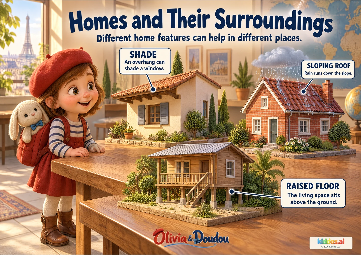 Olivia examines three house models: an overhang shading a window, a sloping roof carrying rain downwards, and a living floor raised on supports. Doudou rides securely in her backpack.