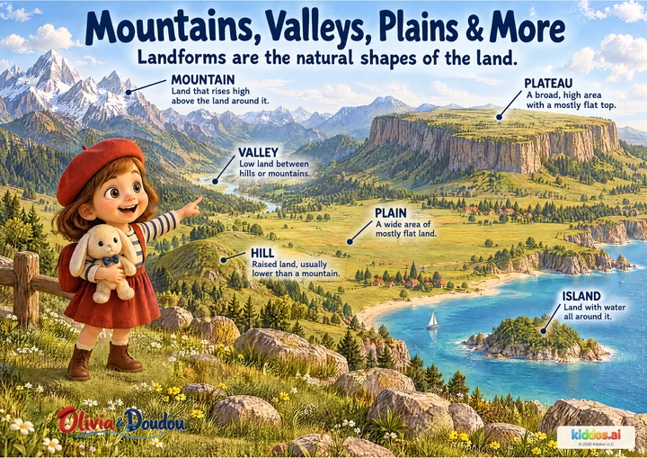 A labeled teaching landscape with mountains and a low valley at left, a broad raised plateau at upper right, a lower plain, a small hill and an island surrounded by sea. Olivia holds plush Doudou and points. Six definitions are integrated into the picture.