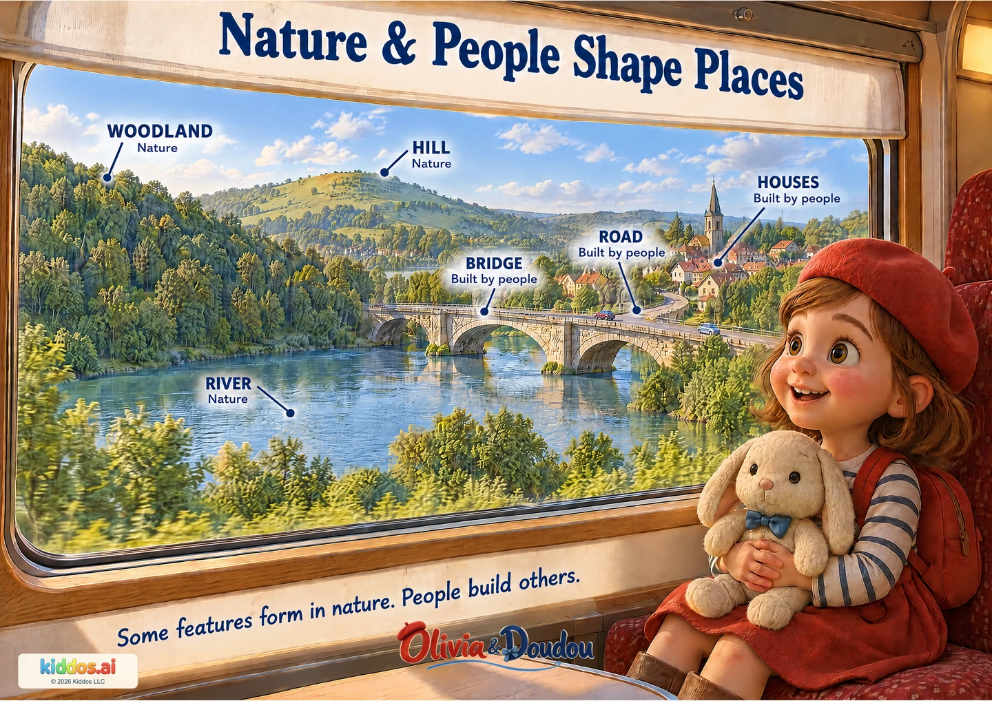 From a train window Olivia and plush Doudou observe a labeled river, hill and woodland, plus a bridge, road and houses built by people. The road crosses the river on the bridge.