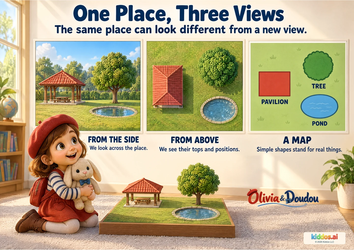 Olivia hugs Doudou beside a small park model. Three views show a red-roof pavilion on the left, a tree at the back right and a pond at the front right, ending with a simple symbol map.