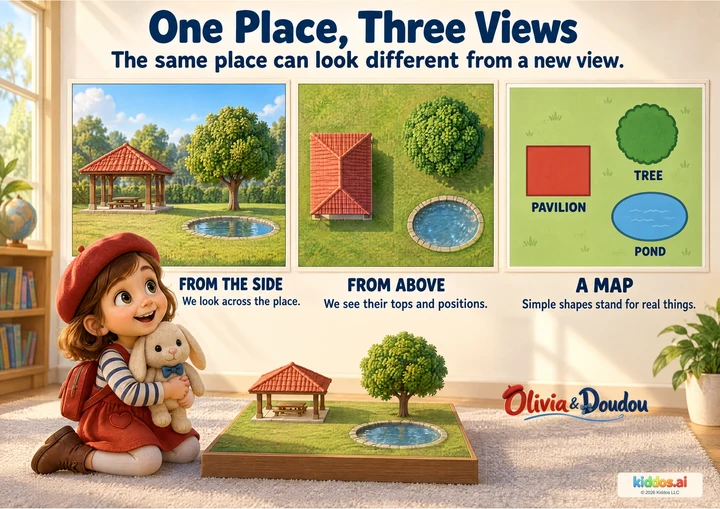 Olivia hugs Doudou beside a small park model. Three views show a red-roof pavilion on the left, a tree at the back right and a pond at the front right, ending with a simple symbol map.
