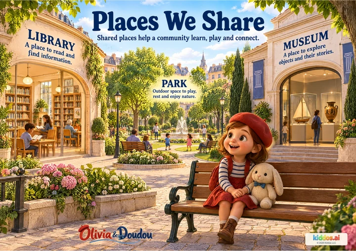 A neighborhood square links a library, leafy park and museum with walking paths. People read, rest and look at protected objects. Olivia sits with her supported plush Doudou on a bench.