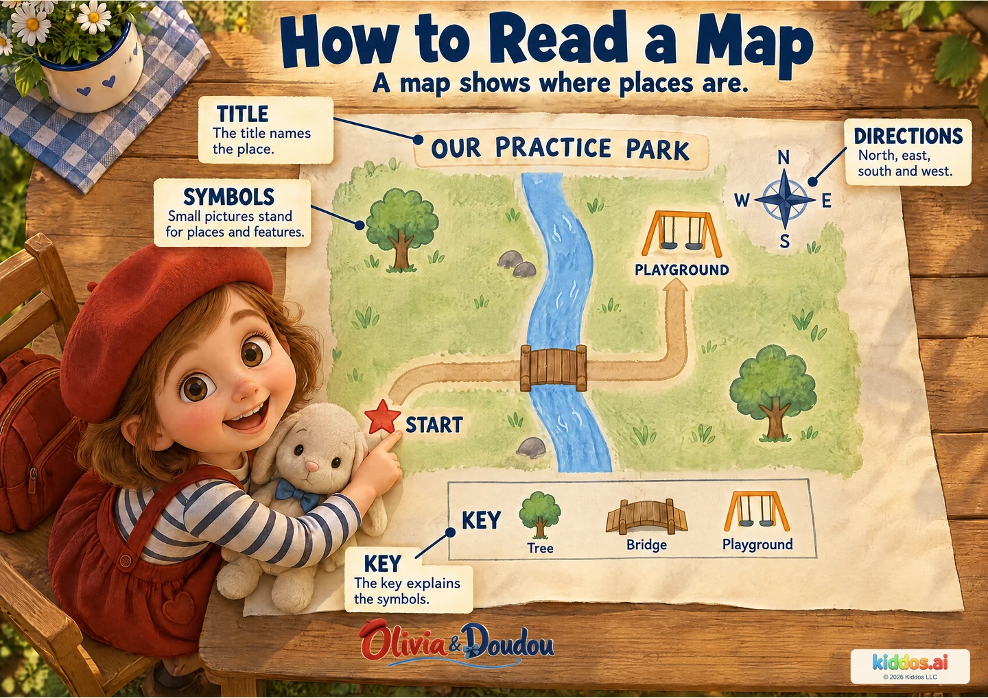 Olivia and plush Doudou study an imaginary park map on a table. A title, symbols, matching key and a compass rose explain how maps work. A path leads from a start star across a bridge to a playground. North, east, south and west are labeled.