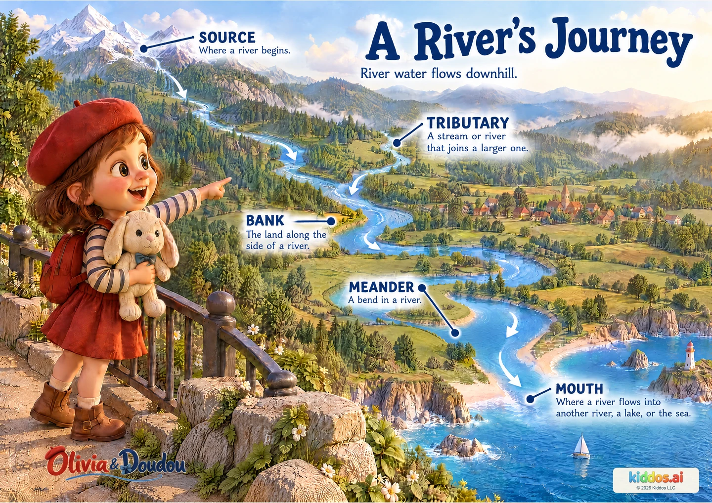 An illustrated river flows from highland source through a joining tributary and a broad meander to a sea mouth. Labels explain source, tributary, bank, meander and mouth. Arrows show downstream flow. Olivia observes with plush Doudou from a protected viewpoint.