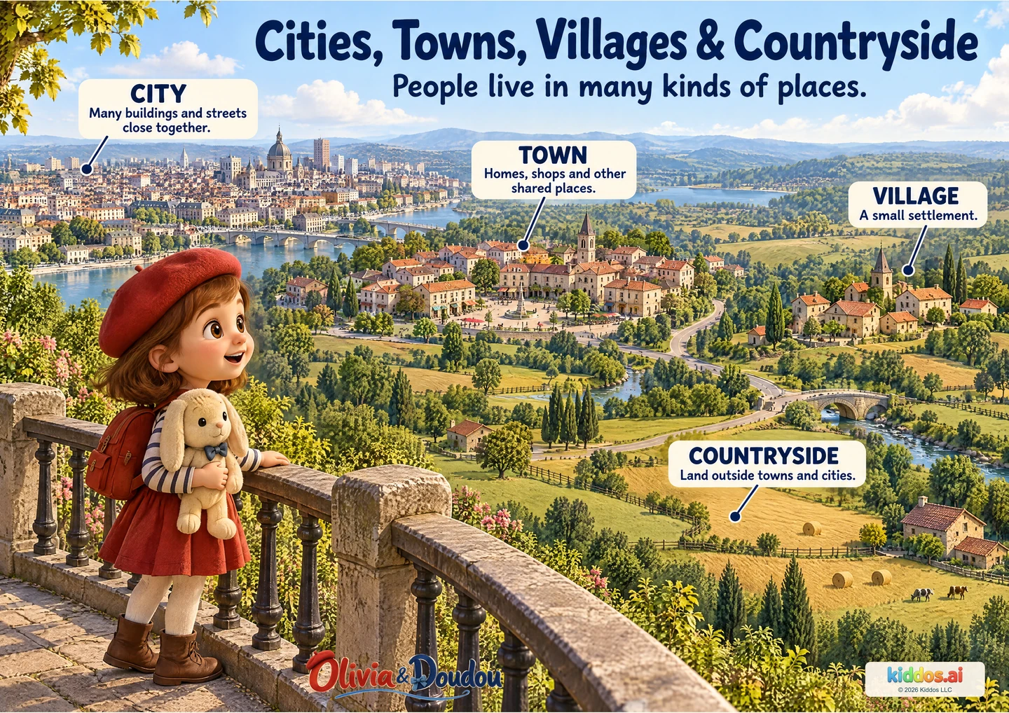 Olivia and Doudou look from a safe viewpoint across a connected landscape: a dense city, a town with shared spaces, a small village, and fields and woods around them.