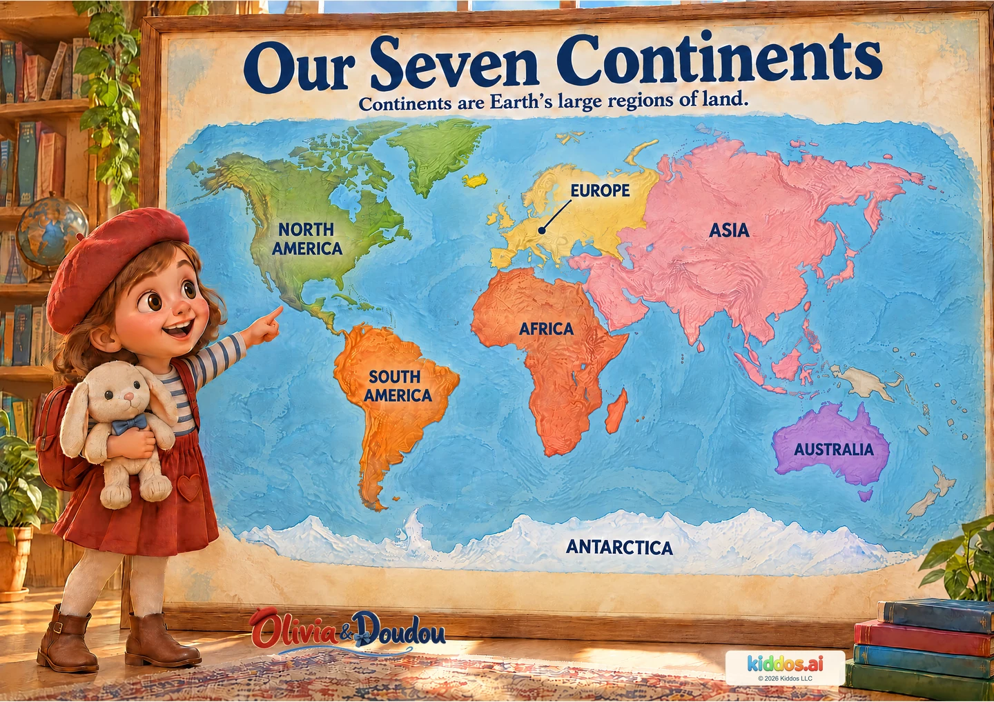 Olivia and plush Doudou beside a large labeled world map showing North America, South America, Europe, Africa, Asia, Australia and Antarctica.