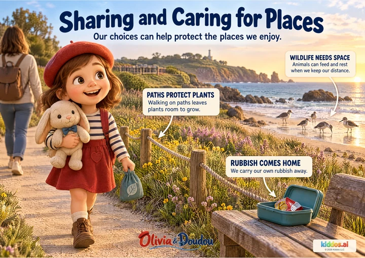 Olivia carries her plush Doudou and a closed pouch on a park path near a grown-up. Plants grow beyond the path, shorebirds remain at a distance, and a picnic container holds the visitors’ own wrapper.