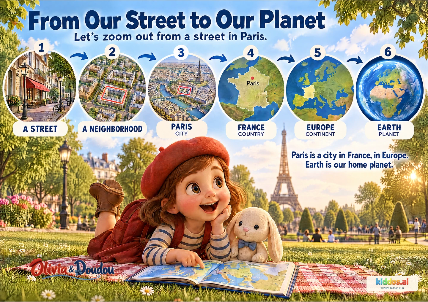 Six illustrated views zoom out from a public Paris street to a neighborhood, Paris city, mainland France, Europe and Earth. Labels distinguish city, country, continent and planet. Olivia and Doudou look at an atlas.