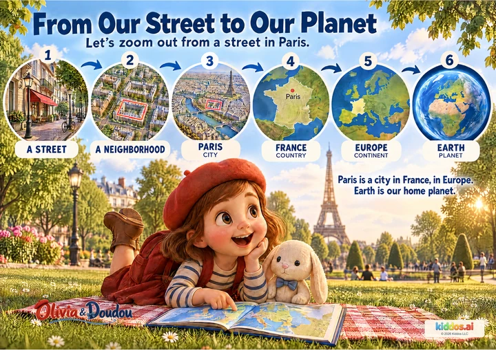 Six illustrated views zoom out from a public Paris street to a neighborhood, Paris city, mainland France, Europe and Earth. Labels distinguish city, country, continent and planet. Olivia and Doudou look at an atlas.