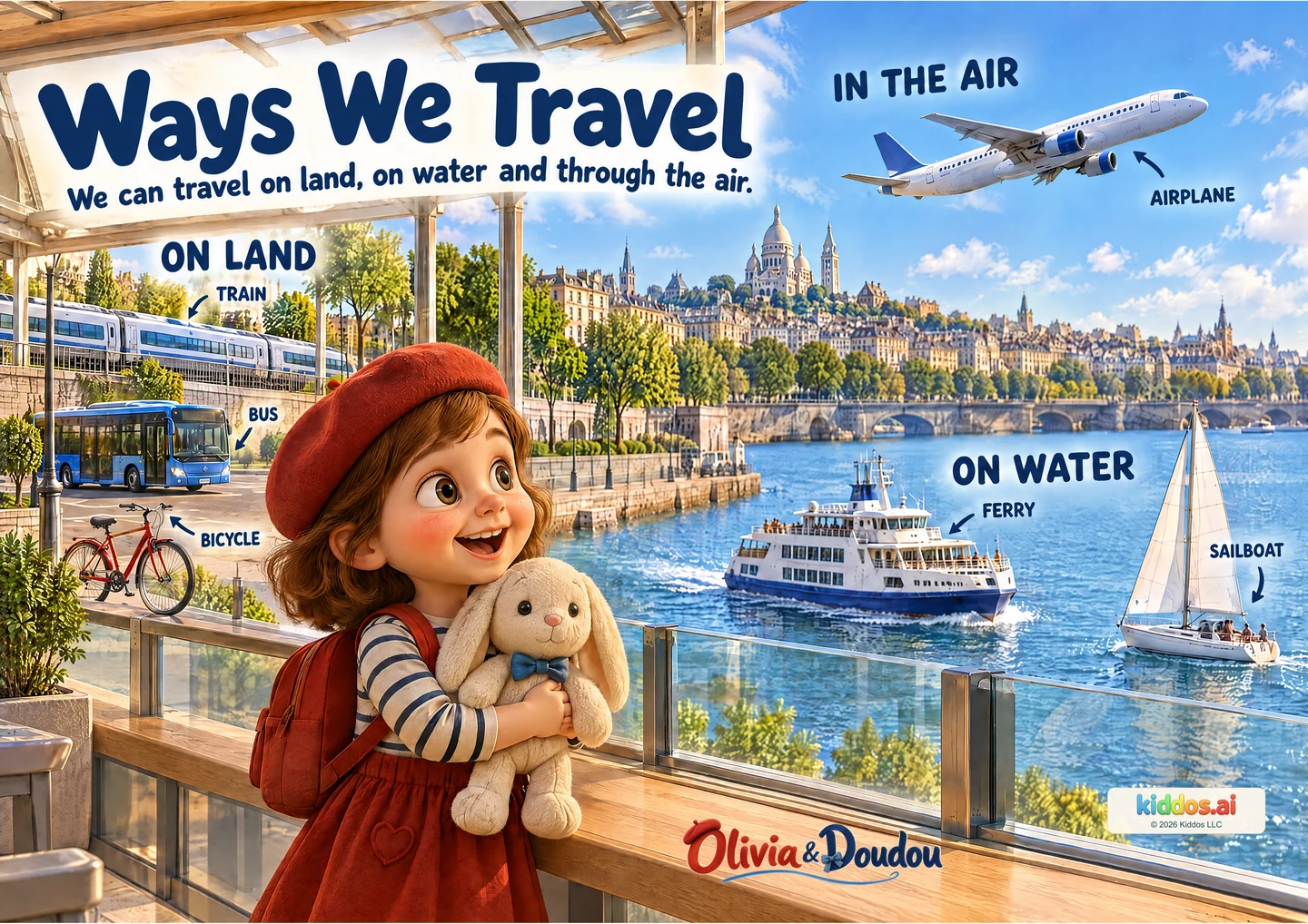 A harbor scene groups a train, bus and bicycle on land, a ferry and sailboat on water, and an airplane in the sky. Olivia holds Doudou behind a viewing barrier.