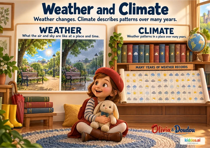 Two pictures show the same park in sunshine and rain under Weather. A shelf of journals and a weather-symbol record illustrate Climate and many years of records. Olivia holds Doudou on a rug.