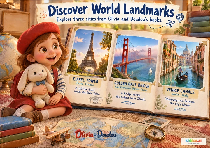 An illustrated travel album compares three separate destinations: the Eiffel Tower in Paris, France; the Golden Gate Bridge at San Francisco, United States; and canals in Venice, Italy. Each has a short explanation. Olivia holds plush Doudou beside the album.