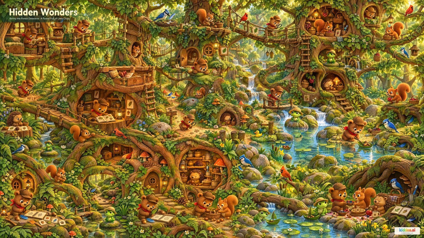 Benny the brown bear cub, wearing a cap and red neck scarf, appears with Squirrel, Hedgehog, Frog, Blue Jay and Cardinal throughout a detailed forest of tree rooms, streams, bridges, picture journals and hidden objects.