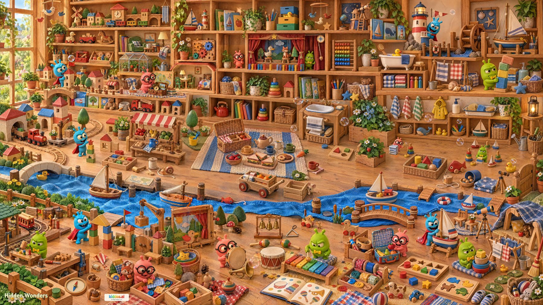 Blue with a red cape, Pinky with round black glasses and Green with a yellow bowtie appear in different moments throughout a richly detailed toy playroom. Wooden trains and houses, a puppet theater, lighthouse, pretend cloth river, picnic rug, towels, bubbles and musical instruments invite close looking.