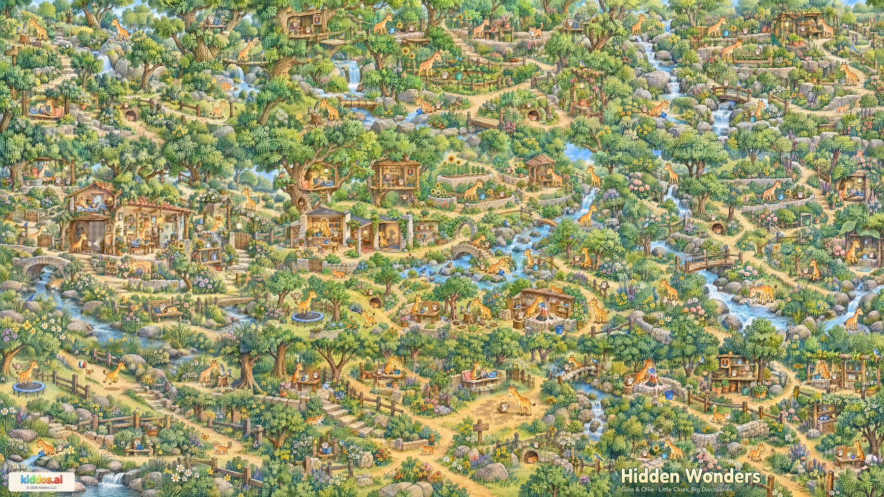 Gina the yellow giraffe and Ollie the brown owl appear throughout a watercolor garden of streams, tree nooks, cottages, growing beds and small discovery stations.