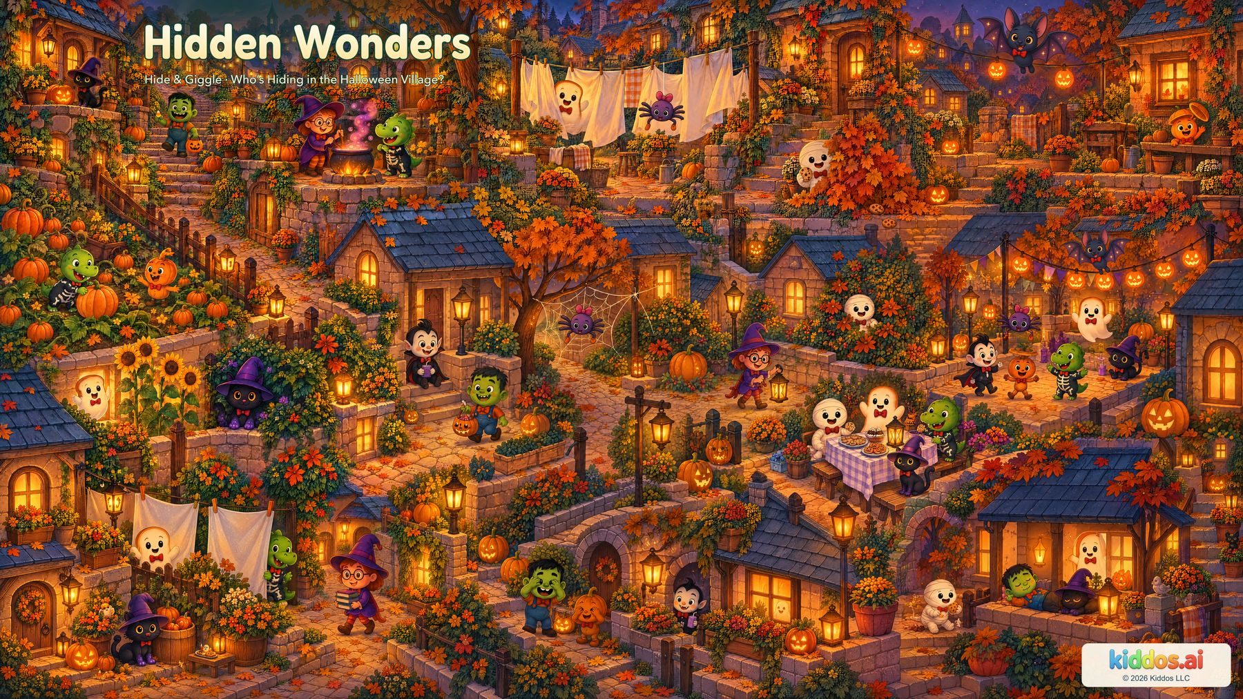 A warmly lit autumn village filled with friendly Halloween characters peeking from windows, flowers, sheets and stone lanes, with pumpkin lanterns and a cookie table.