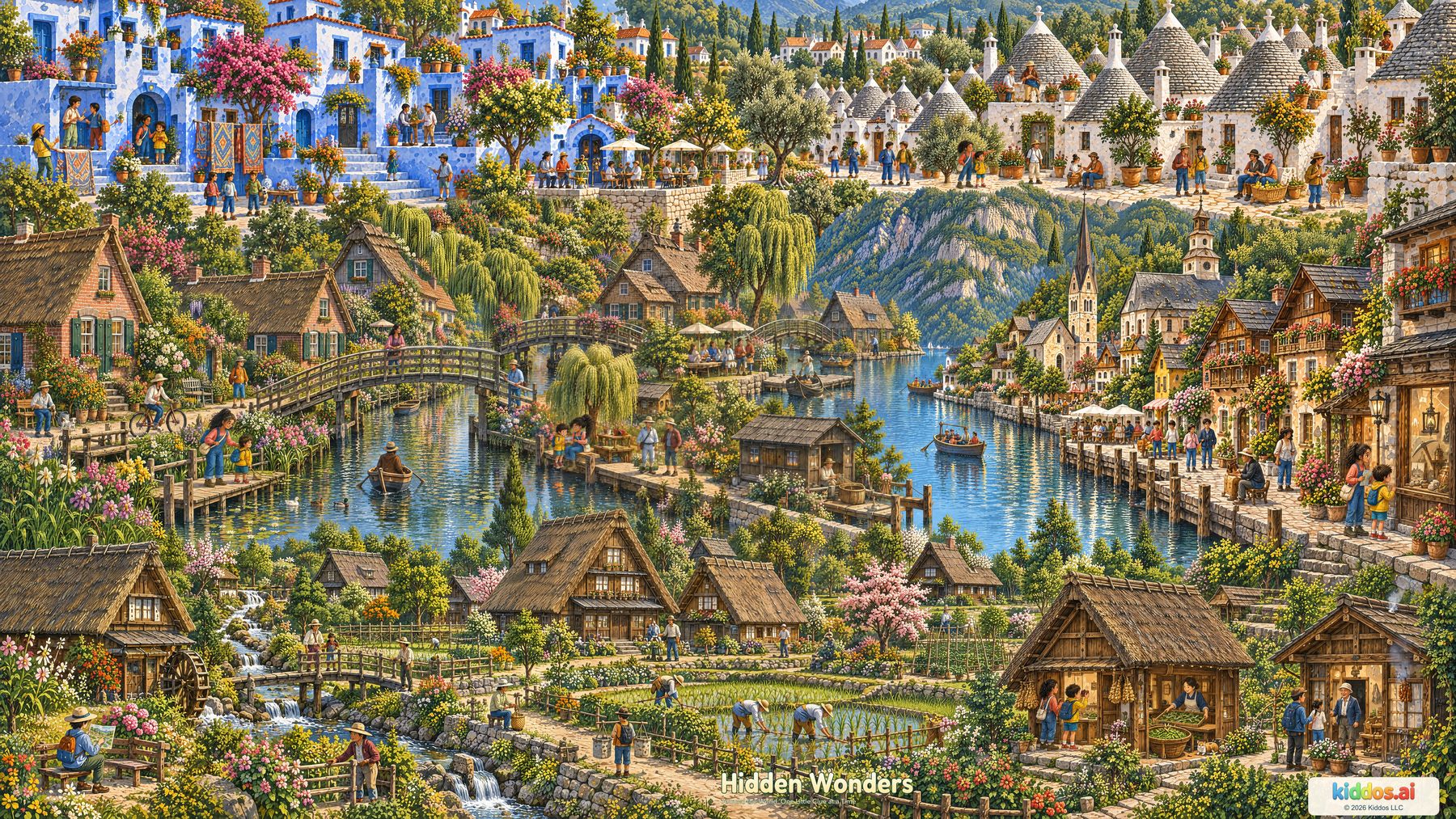 Nico and Sofia appear in several story moments across a richly detailed imaginary travel landscape: blue Chefchaouen lanes, white Alberobello cone-roofed houses, Giethoorn canals, a Hallstatt lake village and Shirakawa-go farmhouses and rice fields.