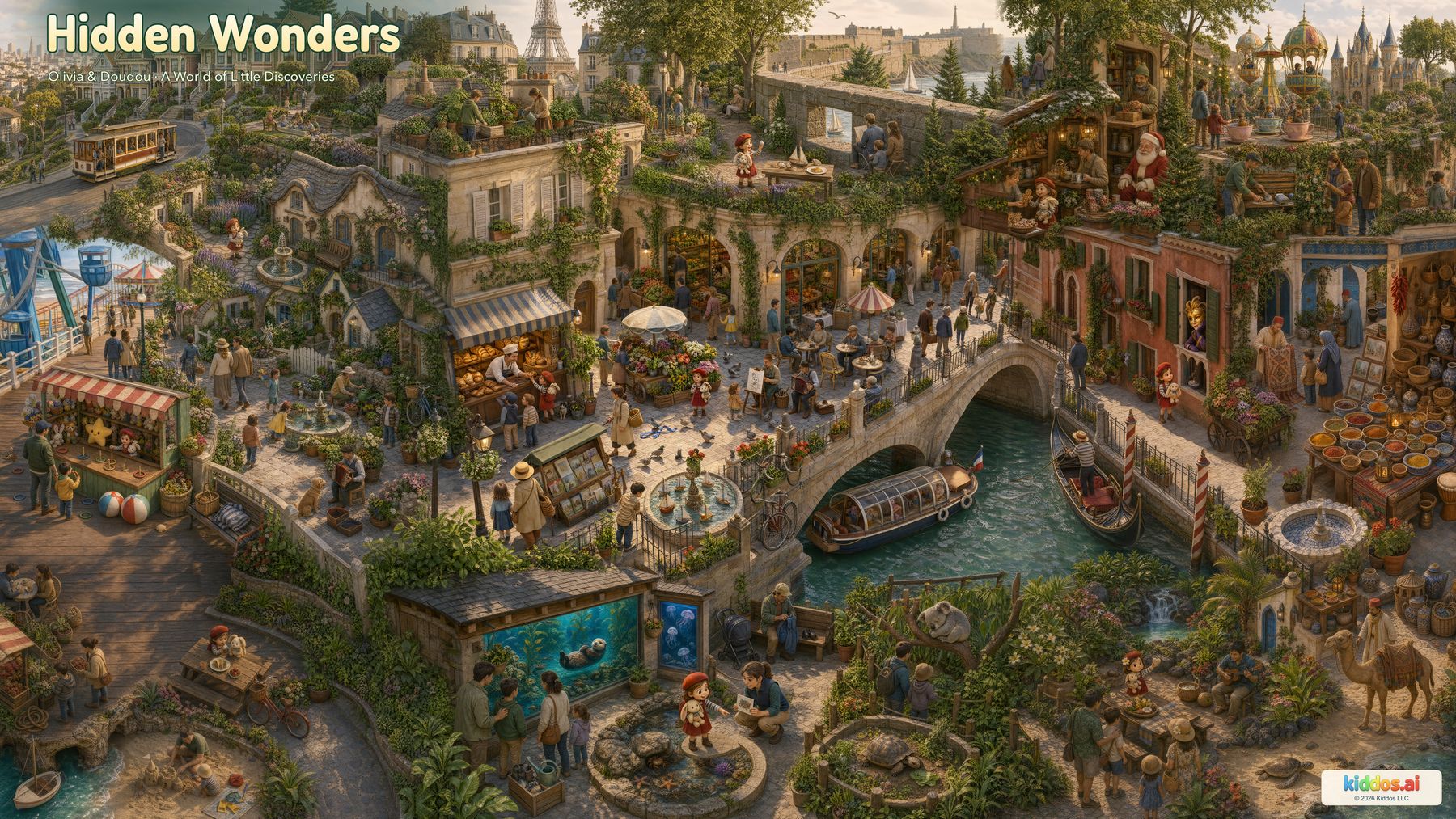 A richly detailed travel picture with Olivia and her plush bunny repeated among hillside houses, a boardwalk, bakery, canal, aquarium and shore.