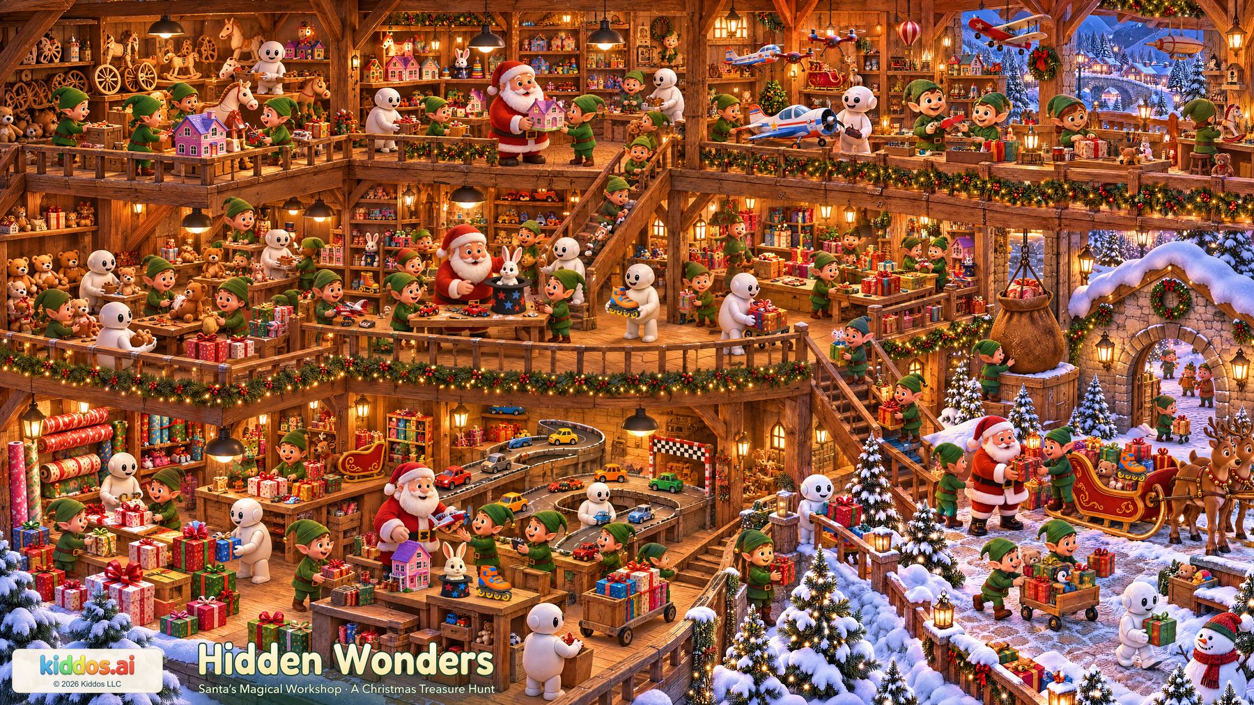 A busy three-level wooden Christmas workshop with Santa, green-clad elves and white robots making toys, wrapping gifts and preparing a sleigh beside a snowy village.