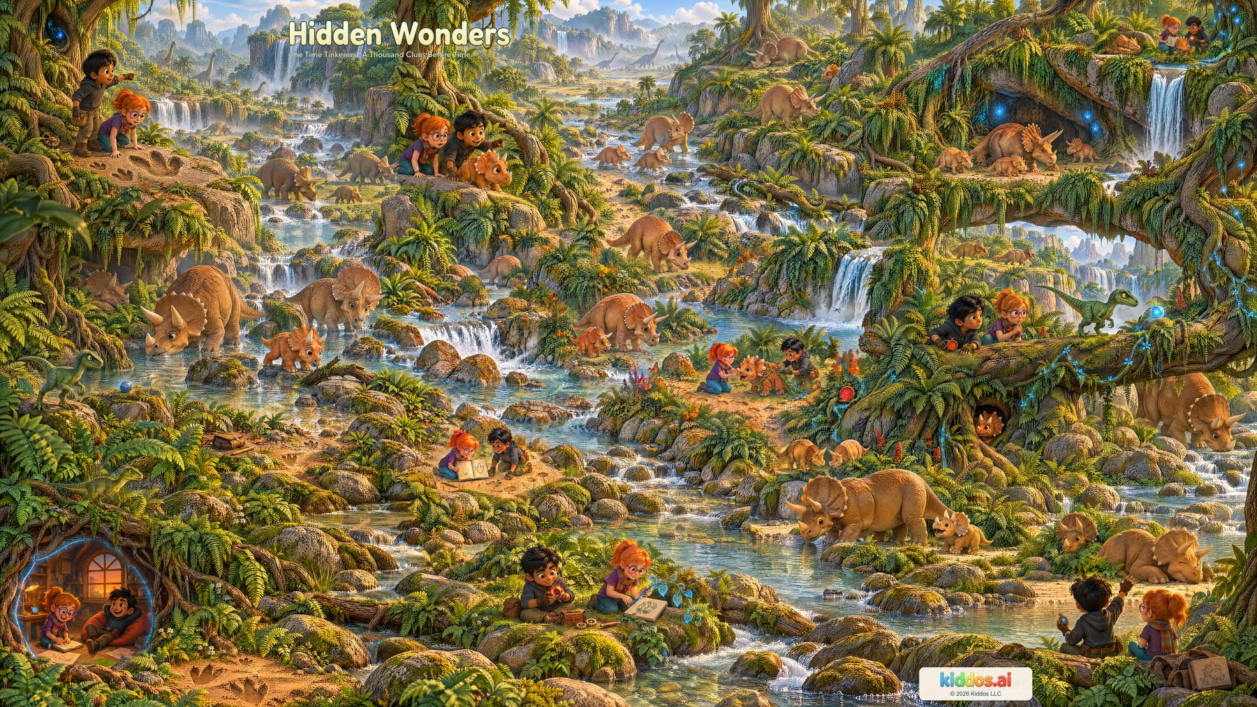 Kai and Rae appear at several story moments in a detailed dinosaur valley with waterfalls, orange baby triceratops, a larger herd, green striped dinosaurs, red and blue watches, glowing vines, picture books and a small portal-framed attic.