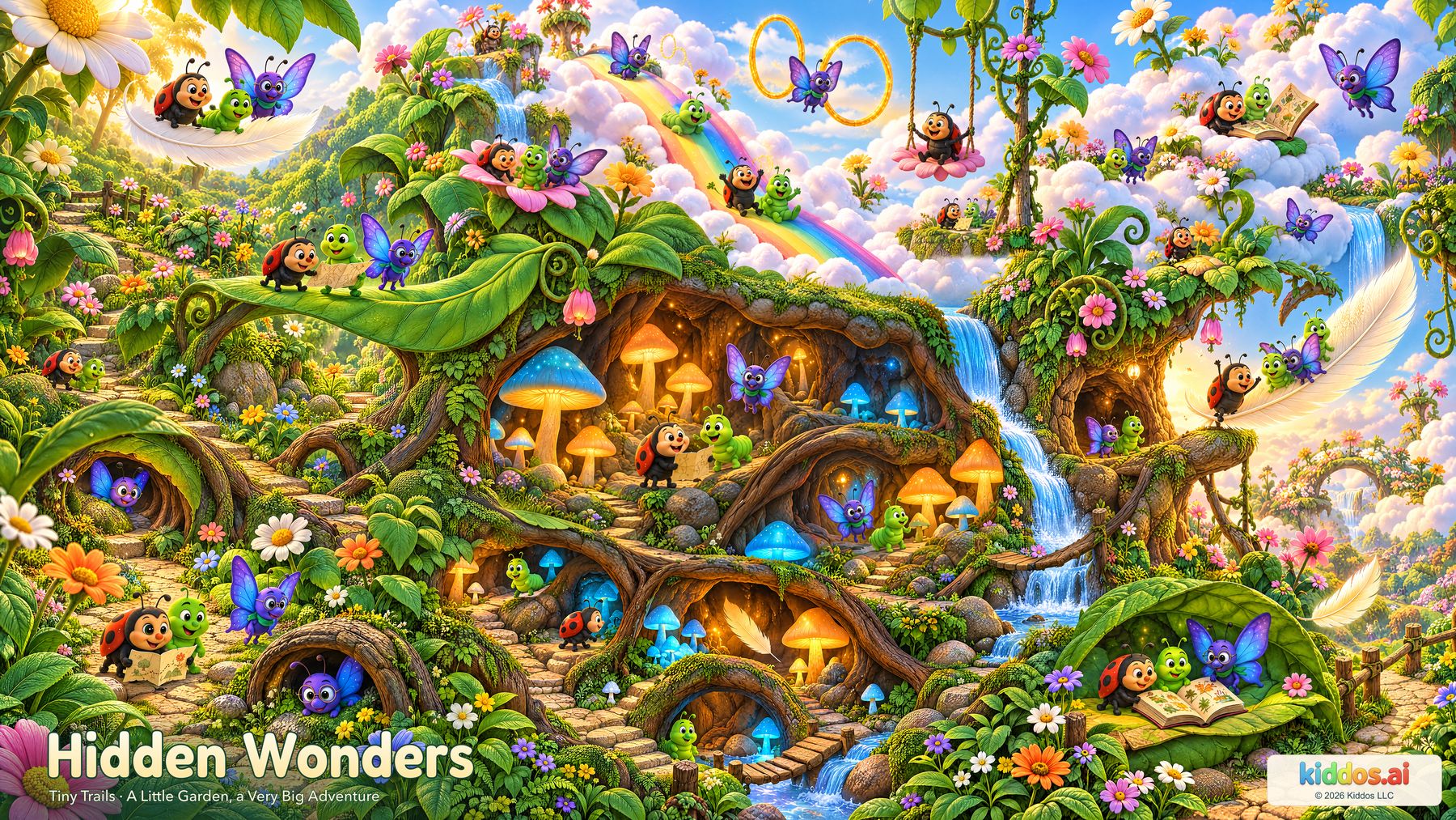Lulu the ladybug, Coco the caterpillar and Bella the bespectacled butterfly explore a miniature garden of giant leaves, glowing mushroom caves, waterfalls and a cloud playground.